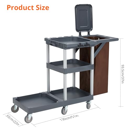 Commercial Janitorial Cleaning Cart on Wheels - 300 Lbs Capacity, Rugged Polypropylene Construction, 3-Shelf Storage, 25 Gallon Zippered Vinyl Bag with Lid, Heavy-Duty Housekeeping Cart