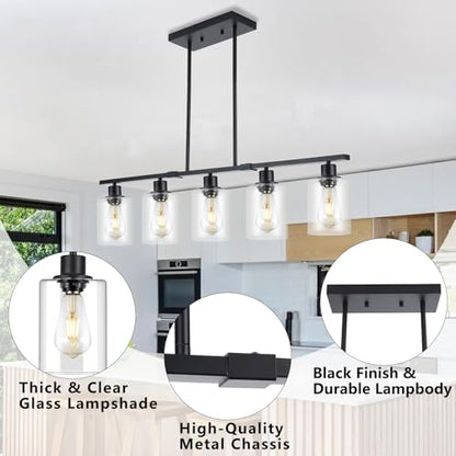 39.4" Kitchen Island Lighting, 5 Lights Clear Glass Pendant Light Fixtue, Black Linear Metal Chandelier for Dining&Living Room Foyer,Height Adjustable,E26 Socket - color: Black