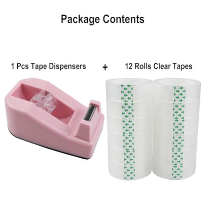 Desktop Tape Dispenser,1 Pack Pink Tape Dispensers with 12Rolls Transparent Tape, for Packaging in Office,Restaurant, Flower Shop,Cake Shop (Pink) - color: Pink