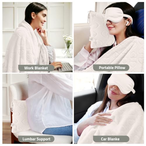 Travel Blanket, Airplane Blanket, Ultra-Soft, Warm & Lightweight, 65x40 in, Outdoor Blanket Essentials for Women, Men & Kids, Included Eye Mask, Luggage Sleeve & Backpack Clip Heart Cream - color: Heart Cream White