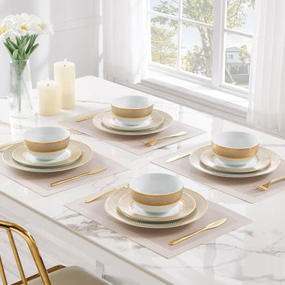 Porcelain Dinnerware Set with Real Gold Trim (Geometric Pattern,Service for 4) - size: Service for 4