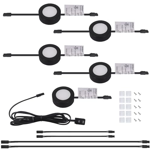 LUMILAND Wired LED Puck Lights 120V (2.7Wx5) Plug-in Lighting Warm White, LED Cabinet Light for Kitchen Can Be Surface Mount or Recess Mount, Black - color: Black-5 Pack, size: 3000K