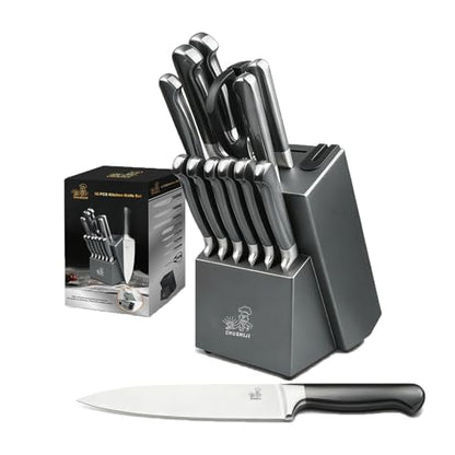 15-Piece Gray Kitchen Knife Set with Block and Sharpener, Dishwasher Safe - color: Gray