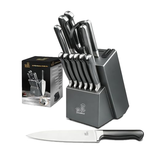 15-Piece Gray Kitchen Knife Set with Block and Sharpener, Dishwasher Safe - color: Gray