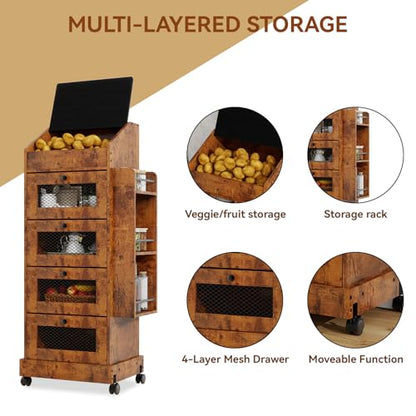 ARTETHYS Potato Storage Bin 5-Tier Rolling Bread Box Cabinet with Side Rack - color: Rustic