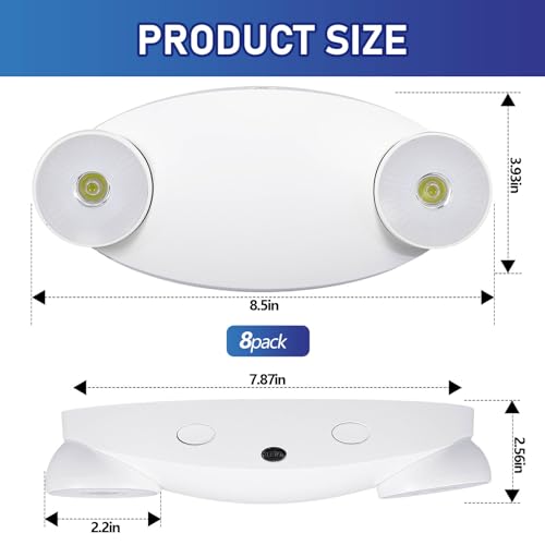 Baquler 8 Pack LED Emergency Lights for Business with Battery Backup Adjustable Two LED Bug Eye Head, AC 120/277V Commercial Emergency Lighting, Wall Mount, Hard Wired, Fire Resistant, Ul Certified - style: Round