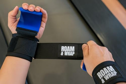 Roam & Wrap -Premium Weight Lifting Hooks for Deadlifts, Pull-Ups & Shrugs – Thick Neoprene Padding, Non-Slip Grip, Heavy Duty Wrist Support + Free 50ml Liquid Chalk - color: Blue