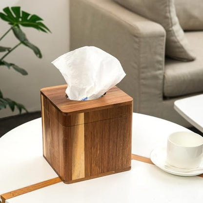 Rustic Brown Wood Standard Square Facial Tissue Paper Dispenser Napkin Box Holder Hinged Metal Magnetic Wooden Lid Kitchen Organizer Rounded Corners Quick Refill Office Home Farmhouse