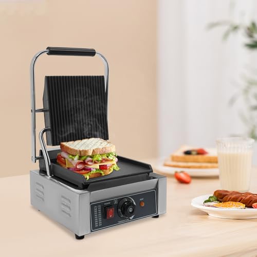 1800W Single Head Commercial Sandwich Maker, Electric Stainless Steel Panini Press Grill Machine, Non Stick Cooking Plate Countertop Sandwich Panini Griller for Restaurant Cafe Kitchen Use
