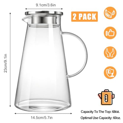 Nicunom 2 Pack 68 oz Glass Pitcher with Lid, BPA-Free Glass Water Jug Carafe Heat Resistant Ice Tea Pitcher for Juice, Sangria, Lemonade, Milk, Coffee, Cold and Hot Beverages, 2 Pcs Brush Included