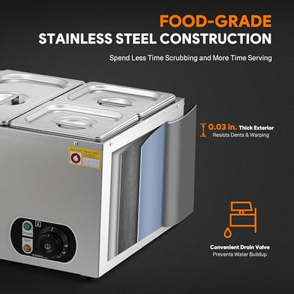 WILPREP Commercial Food Warmer with Two 1/3 & Two 1/6 Pans, 1500W Countertop Electric Warmer, 86-185°F Adjustable Temp Control, Stainless Steel Buffet Bain Marie - size: 1/3pan*2+1/6pan*2