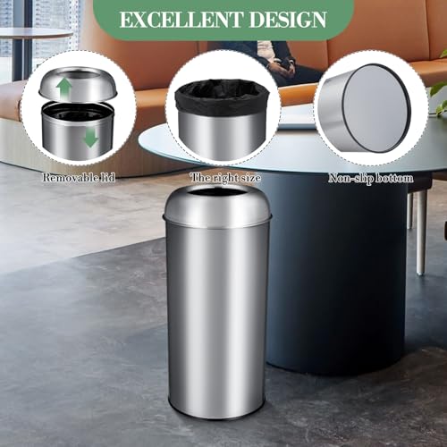 GarveeHome 65L/17 Gal Commercial Trash Can, Round Open Top Waste Bin, Outdoor Trash Bin with Lid, Large Stainless Steel Garbage Can for Office Bedroom Restaurant - style: Round Open
