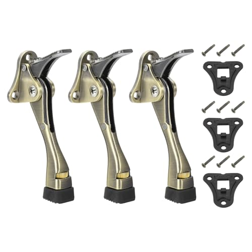 uxcell 3 Set Kickdown Door Stopper, 4.7" Aluminum Alloy Kick Down Door Stoppers for Bottom of Doors One Touch Adjustable Doors Holder with Non-Slip Rubber Tip and Screws for Home, Brass - color: Brass