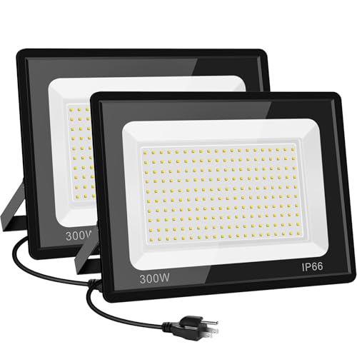2 Pack 300W Warm White Led Flood Lights Outdoor,3000K Super Bright 36000LM Security Lights with Plug,Exterior IP66 Waterproof FloodLight for Yard, Garden, Playground, Stadium - size: 300w_2pack