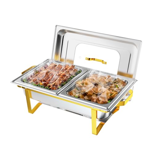 ROVSUN Chafing Dishes for Buffet, 9QT Chafing Dish Buffet Set with Glass Lid,Stainless Steel Buffet Servers and Warmers with 2 Half Size Pan,Stackable Design for Party Wedding, Gold & Silver - size: Half Size Food Pan