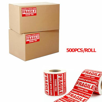 3 x 2 Inch Handle with Care 1000 Fragile Stickers for Shipping Moving Glass Permanent Adhesive Fragile Labels (1 Roll, 500 Labels),Pack of 2 Rolls
