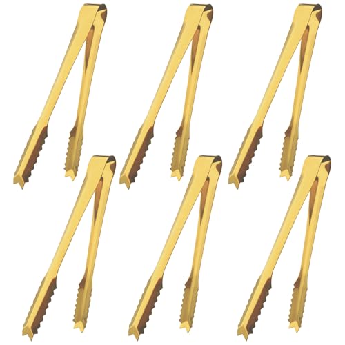 6 Pcs Ice Tongs Stainless Steel 6 Inch with Serrated Teeth Durable Serving Metal Tongs for Kitchen, BBQ, Buffet & Party Secure Grip Mini Tongs for Ice Cubes, Sugar, Salad，Appetizers - color: gilded