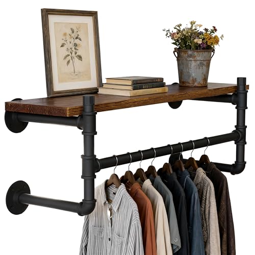WEBI Wall Mounted Clothes Rack with Shelf,27" Industrial Pipe Clothing Rack with Shelf with Hanging Rod,Heavy Duty Iron Garment Rack Bar,Retail Display Clothes Rod for Laundry Room,Closet,Black - color: Black, size: 27 Inch