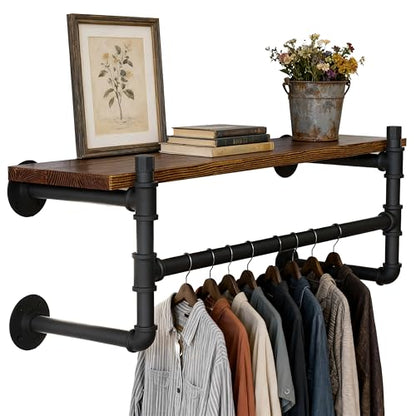 WEBI Wall Mounted Clothes Rack with Shelf,27" Industrial Pipe Clothing Rack with Shelf with Hanging Rod,Heavy Duty Iron Garment Rack Bar,Retail Display Clothes Rod for Laundry Room,Closet,Black - color: Black, size: 27 Inch