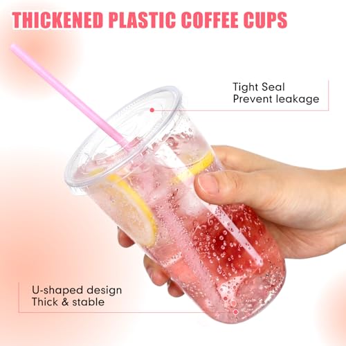 Ziliny 50 Pack 18 oz Plastic Cups with Lids Straws Iced Coffee, Pink - color: Pink, size: 18 oz