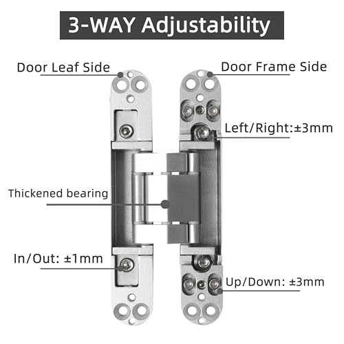 4-Pack 6 inch Hidden Door Hinges Heavy Duty Silver, Invisible Concealed Hinges Zinc Alloy 6''x 2.5''x1Inch, 180 Degree Swing Hinge, 3 Way Adjustable Hinge with Pins and Screws - color: Silver, size: 6 Inch