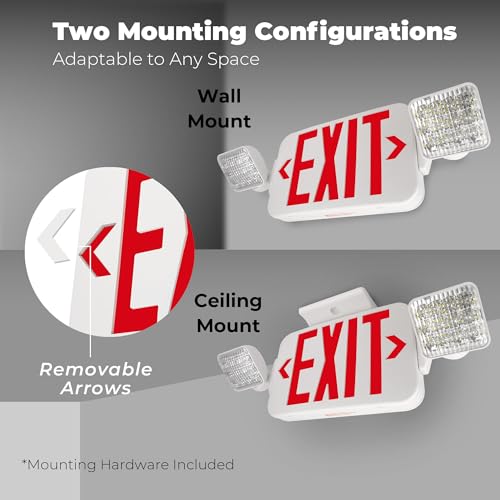 LFI Lights® Standard COMBO UL 924 Listed, Exit Sign with Emergency Lights, Remote Head Capabe, Red LED, White, 120/277VAC Hardwired with Battery Backup, Optional Double Face and Knock Out Arrows COMBO2-R-W-RH
