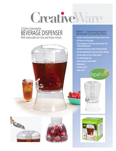 CreativeWare 3 Gallon Beverage Dispenser With Ice Cylinder And Fruit Infuser (Pack of 2) - size: 3 Gallon (Pack of 2)
