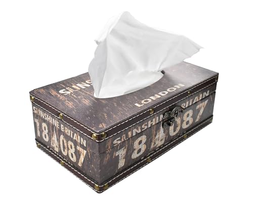 Wood Tissue Box Cover with PU Leather & Vintage Pattern - Rectangle Decorative Tissue Holder for Home, Car, Office, Bathroom, Desk - Fits Standard Medium Tissues with Lid (18087Coffe) - color: 18087coffe