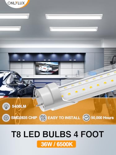 ONLYLUX T8 Led Bulbs 4 Foot 6500K 36W 5400LM 20 Pack