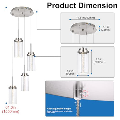 MELUCEE Modern LED Pendant Light Fixtures Brushed Nickel 4-Light with Glass - color: Brushed Nickel, size: 4-Light-Round