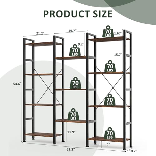 Triple Bookshelf, Free Standing Bookcase with Open Storage Shelves - color: Rustic Brown, size: 11 Tier