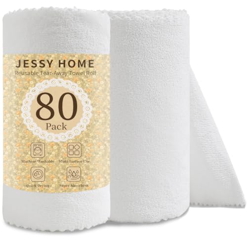 80 Pack Microfiber Cleaning Cloth Roll White Reusable Paper Towels 12"x12" Tear Away Cloth, Microfiber Towels for Cars, Wash Cloths, Lint Free Rags for House, Kitchen,Window,Cleaning Supplies - color: White