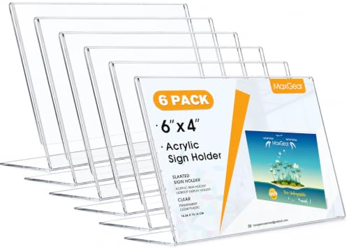 MaxGear Acrylic Sign Holder 4 x 6 Inches 6 Pack, Horizontal L Shape - color: Clear, size: 6"x4"-6 Pack