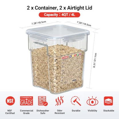 2 Pack 8 QT Polycarbonate Commercial Food Storage Containers with Airtight Lids, Clear, Stackable Ingredient Food Storage Containers for Flour, Sugar, Rice, and Food Prep, 2 Markers Included - size: 2 X 8.0(QT)