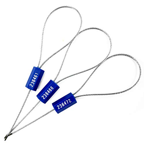 Pull-Tite Steel Security Cable Wire Seals Numbered Anti-Tamper Security Tags Self-Locking Shipping Padlock (Blue, Pack of 50pcs)