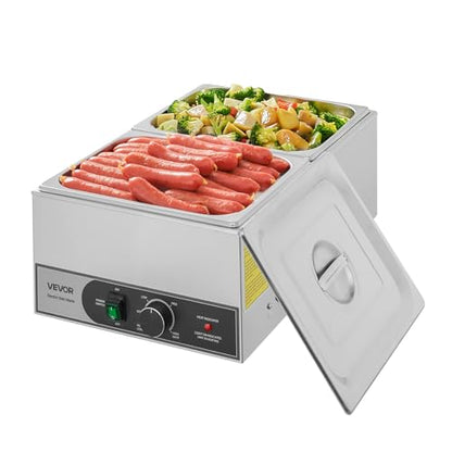 VEVOR Commercial Food Warmer, 1200W Electric Stainless Steel Steam Food Warmer, Fast Heating Countertop Buffet Bain Marie with Two 1/2 Size Food Pans, for Catering, Restaurants, Parties & Buffets - size: 2*1/2Pan