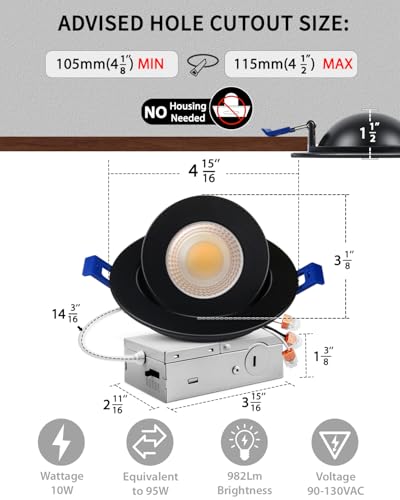 Adetu 4 Pack 4 inch 5CCT Black LED Eyeball Gimbal Recessed Light, Dimmable - color: Black-4 inch, size: 4 Pack