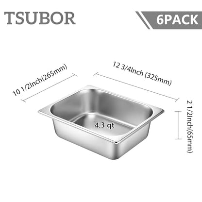 6 Pack Hotel Pans 1/2 Size 2.5" Deep Stainless Steel Steam Table Pan w/Lids - color: 1/2, size: 2-1/2'' Deep