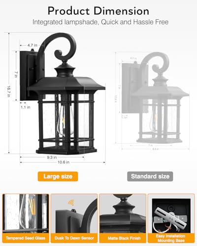 VIANIS 16.7" Large Black Dusk to Dawn Outdoor Lighting, Easy to Install - color: Black, size: 16.7 in Large Dusk to Dawn 1 Pack