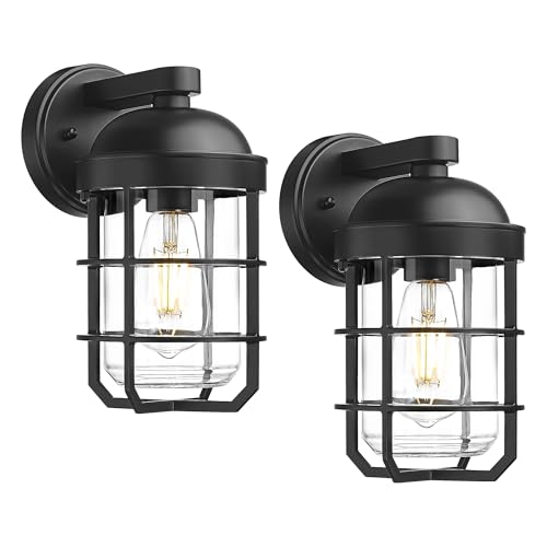 Emliviar 2-Pack Outdoor Exterior Wall Light Fixtures for Porch, 11.3 Inch Black Wall Mount Lantern with E26 Bulb Base, Clear Tempered Glass, GE255BL-2PK BK - color: Black - Clear Tempered Glass, size: 11.3 Inch