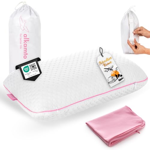 alkamto Travel & Camping Comfortable Memory Foam Pillow – Easy to Carry Portable Bag – Temperature Regulating Pillow Case (Pink + Extra Cover) - size: 15.7 x 10.6 x 3.9 In - Pink + Extra Cover