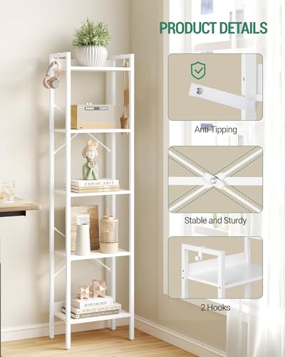 Hzuaneri Bookshelf, Book Shelf, Industrial Bookcase with 2 Hooks - color: White, size: 9.4"D x 15.7"W x 63"H