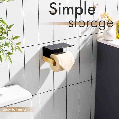 KOKOSIRI Toilet Paper Holders with Shelf Bathroom Toilet Paper Roll Holder Wall Mounted T-304 Stainless Steel, Matte Black and Gold B2010GDK (Pack of 2) - color: Black Gold, size: With Shelf(2 Pack)