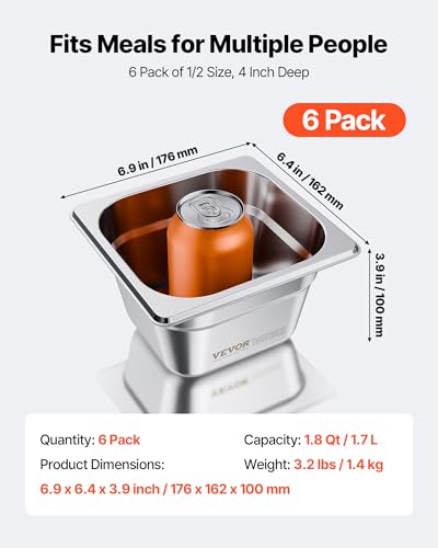VEVOR 6 Pack Stainless Steam Hotel Pans, 1/6 Size Table Steam Pan, 4 Inch Deep, Anti Jam Restaurant Supplies Reusable Rustproof Catering Storage for Home, Party, Restaurant, Hotel, Buffet - size: 1/6 Size, style: 4 Inch Deep