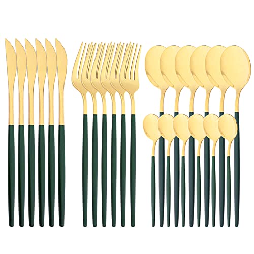 Mirror Cutlery Serving Set, 24-piece 18/0 Stainless Steel Silverware With Green Handle Simple & Modern Tableware For Home Party Restaurant Christmas Dinner, Service For 6 (Green Gold) - color: Green gold