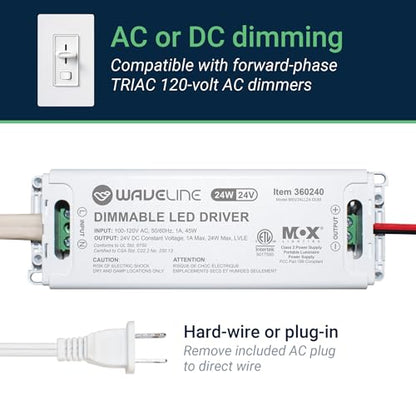 WaveLine 24V DC Dimmable LED Driver Power Supply 60 Watt – Triac Dimming AC to DC Transformer, 120V Input to 24 Volt Constant Voltage Output for LED Strip Light, Under Cabinet & Puck Lighting