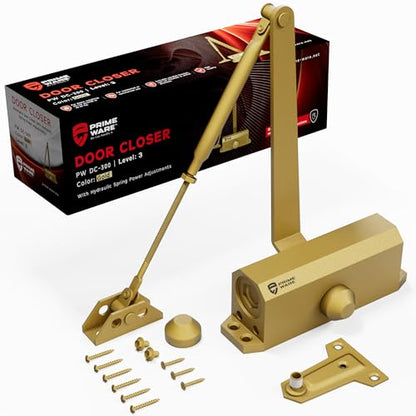 PrimeWare DC-300 Adjustable Automatic Door Closers for Home | Soft Close, No Slam | Residential and Commercial Door Closer | Level 3 | for Doors Weighing 90-140 lbs | Hydraulic Door Spring - Gold - size: Level 3, style: Gold