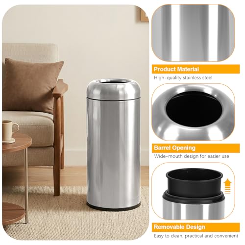 16 Gallon Large Trash Can with Detachable Lid Indoor Use Stainless Steel Garbage Can Wear Resist Commercial Big Garbage Bin for Office Bedroom Restaurant