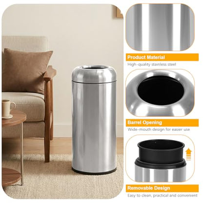 16 Gallon Large Trash Can with Detachable Lid Indoor Use Stainless Steel Garbage Can Wear Resist Commercial Big Garbage Bin for Office Bedroom Restaurant