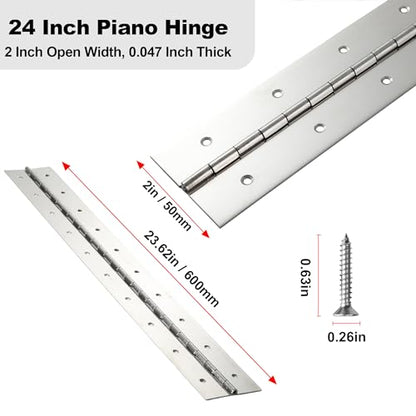 Heavy Duty Piano Hinge 24 Inch x 2 Inch Width, 0.047'' Thick Stainless Steel Continuous & Piano Hinge for Cabinet, Door, Toolbox, Wooden Box, Metal Plate, Furniture, Industrial Project - size: 24 Inch
